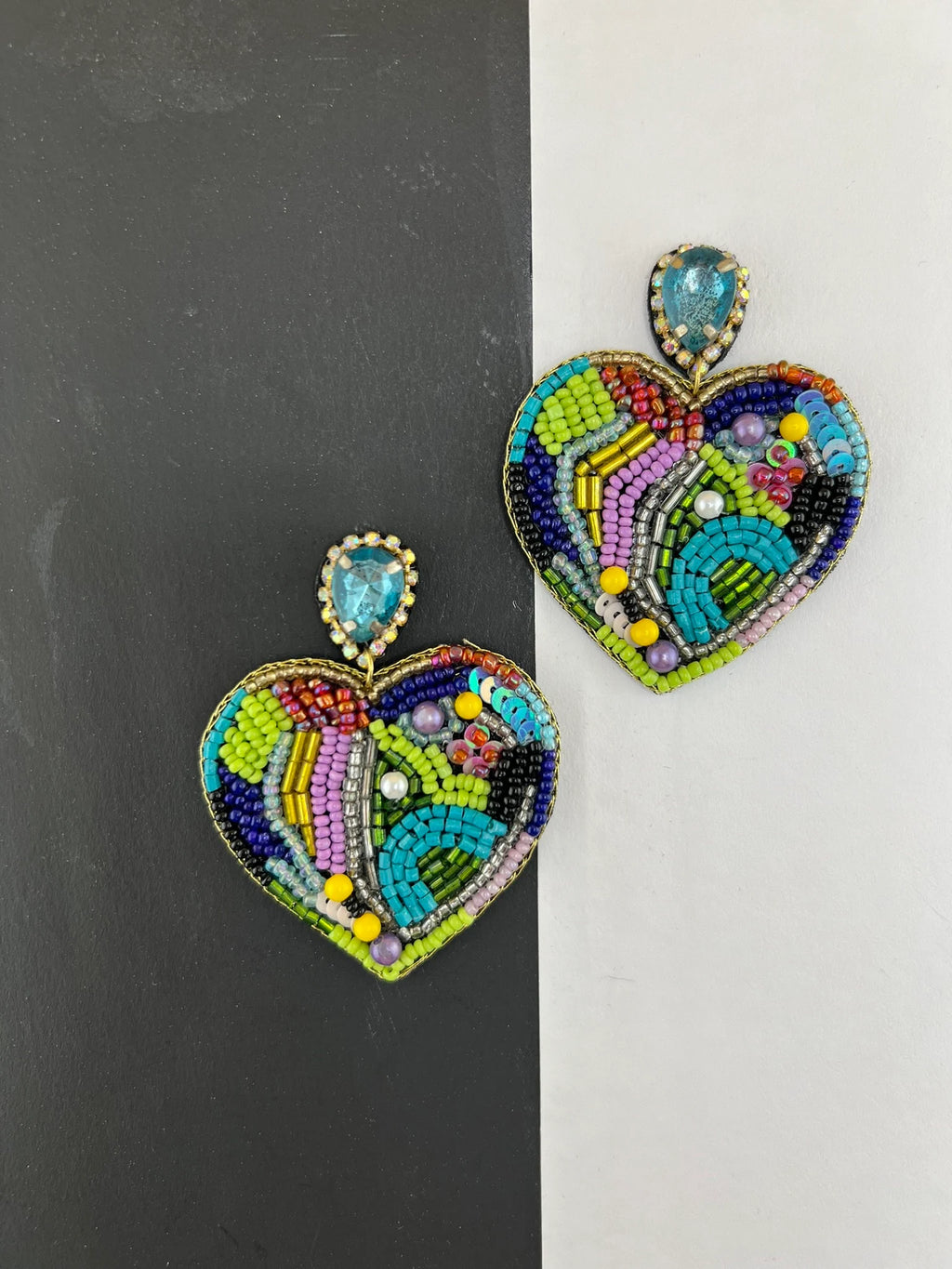 Colorful Heart Shaped Beaded earrings, quirky Handmade earrings