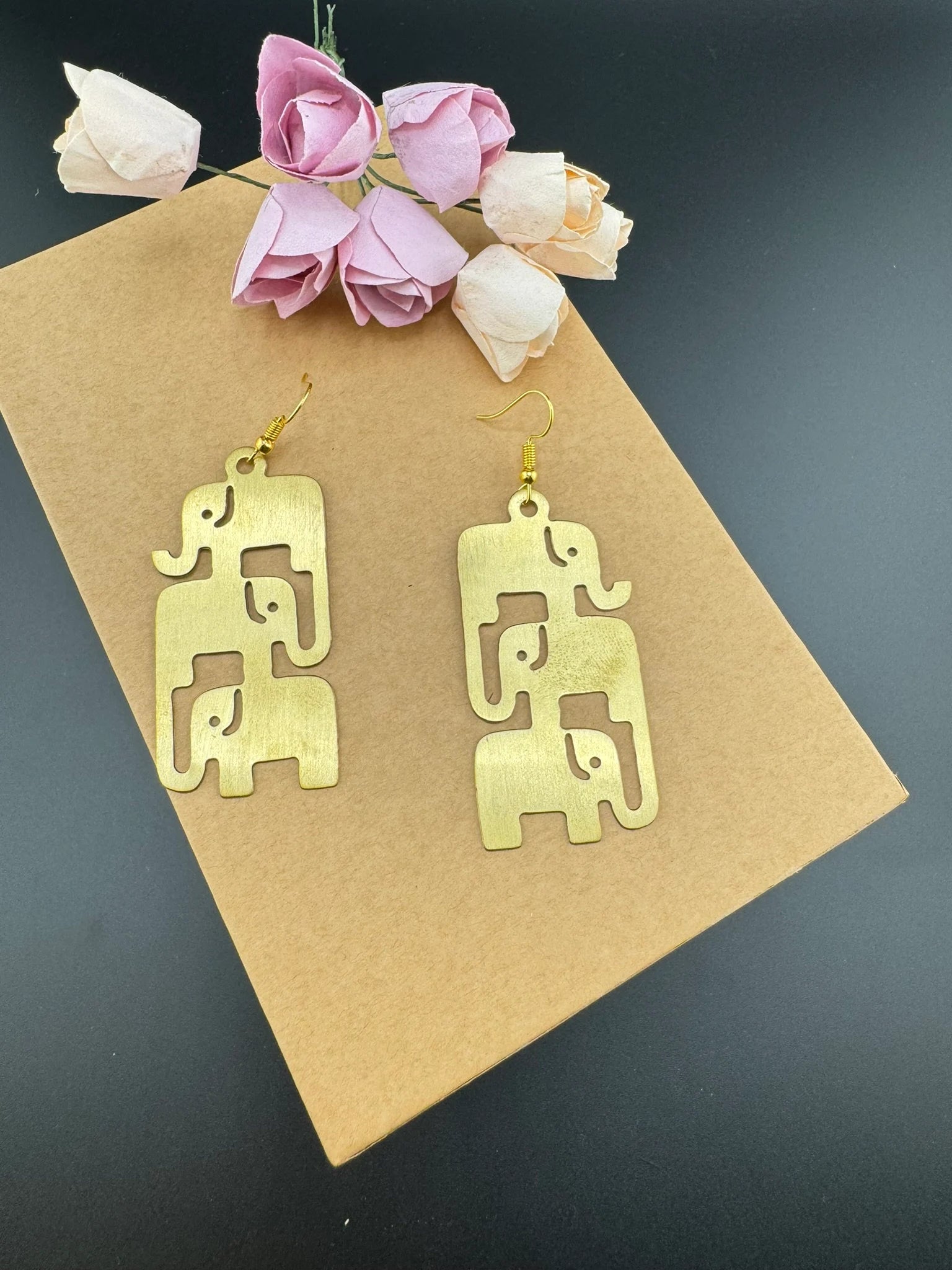 Premium Matt Gold quirky earrings in unique sleek multiple elephant design Drop Statement earrings