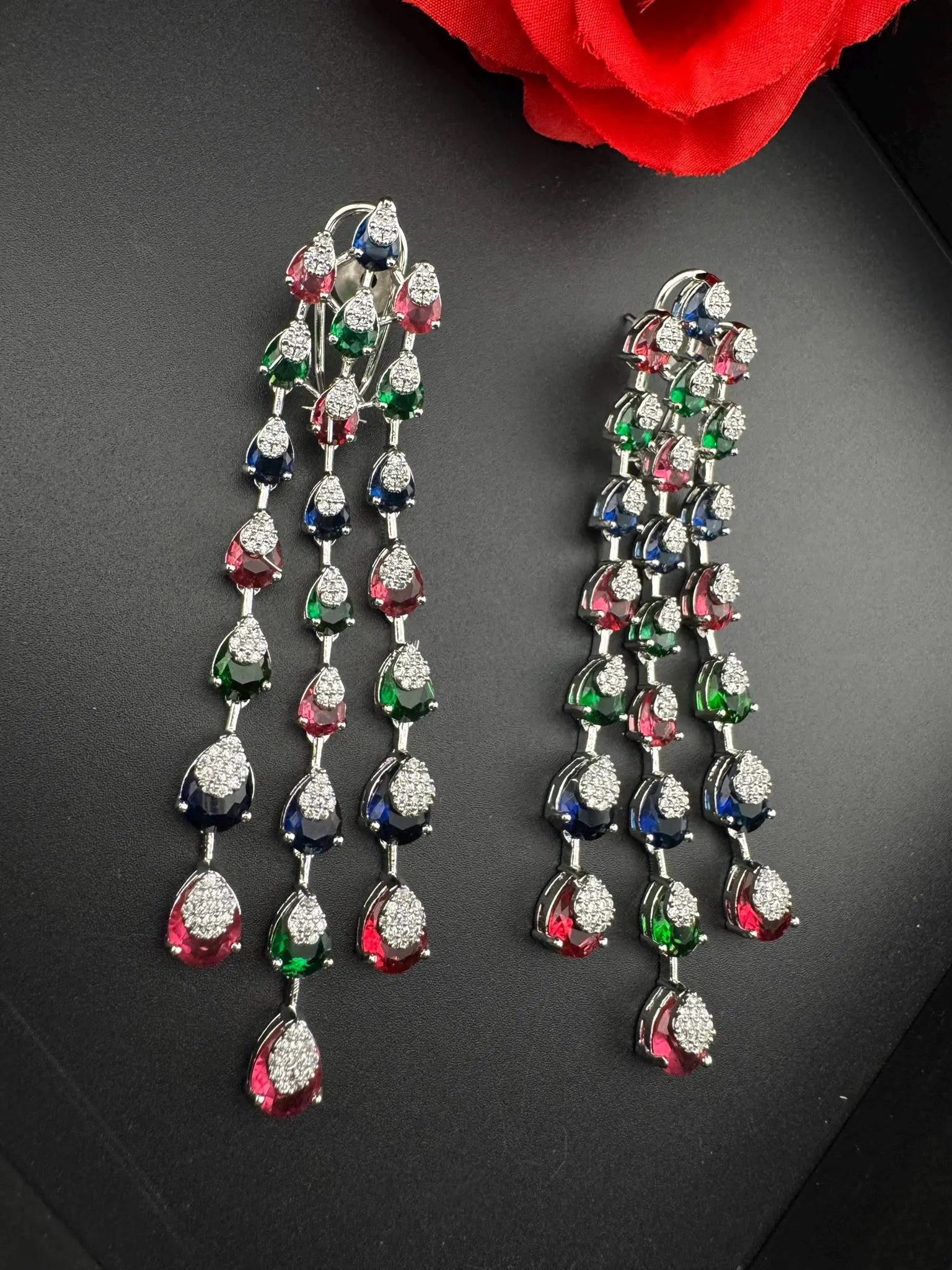Premium Cubic Zirconia and Crystal stone in multicolor Statement Long earrings