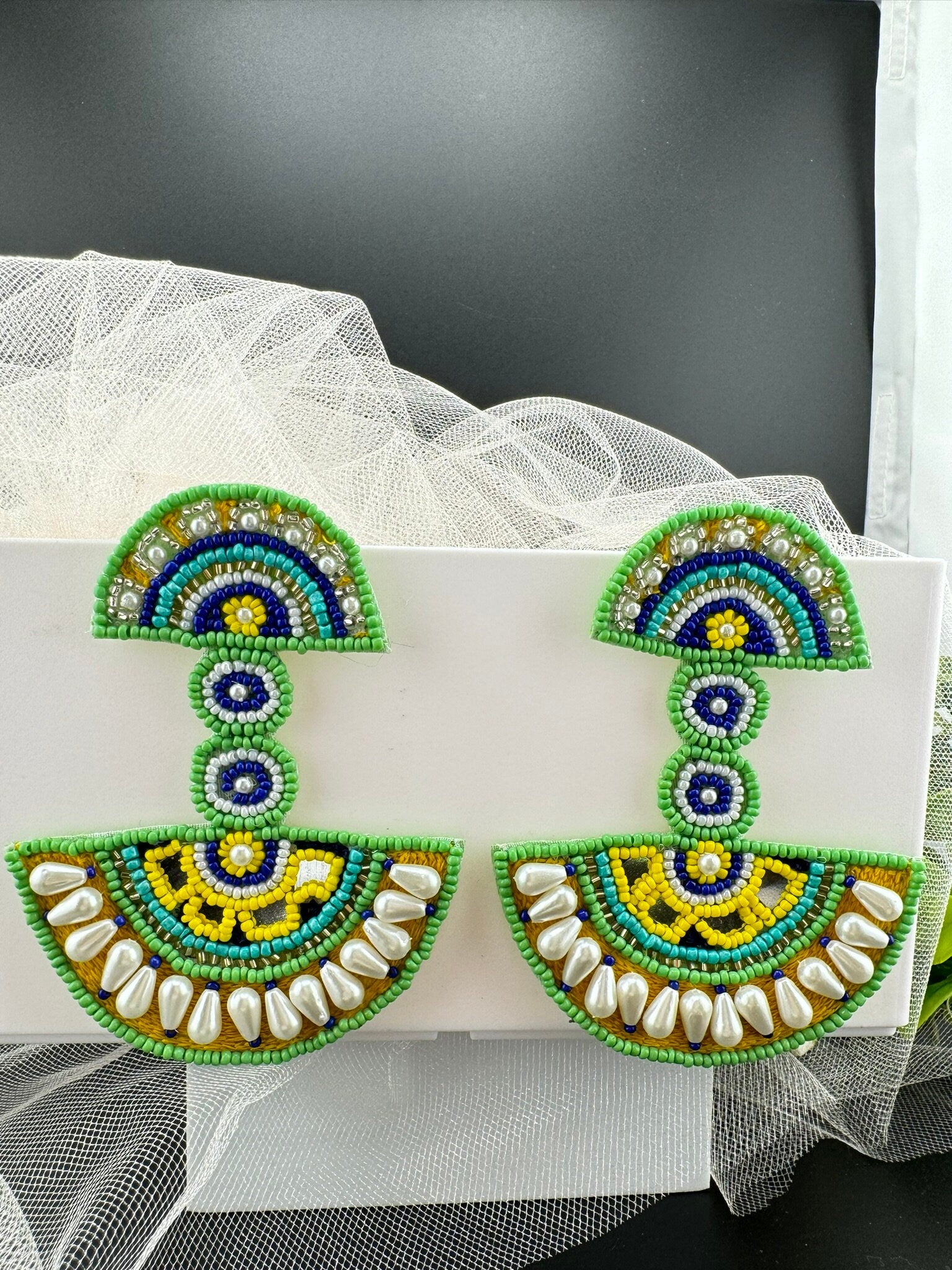 Beaded Oversized Long Quirky Green earring/Handmade Oversized earrings