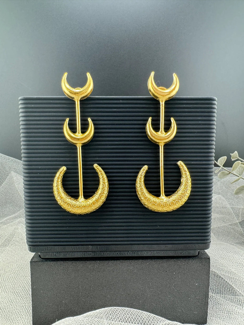 Crescent moon Premium Matt Gold statement long earrings