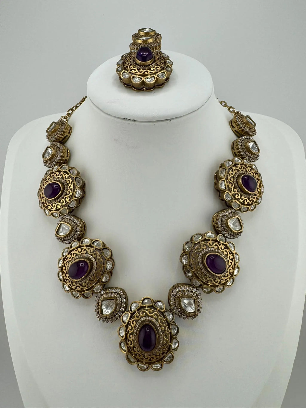 Amrapali inspired Premium fusion Necklace set in Moissanite, uncut Kundan, CZ and Doublet stones in matt gold finish with earrings