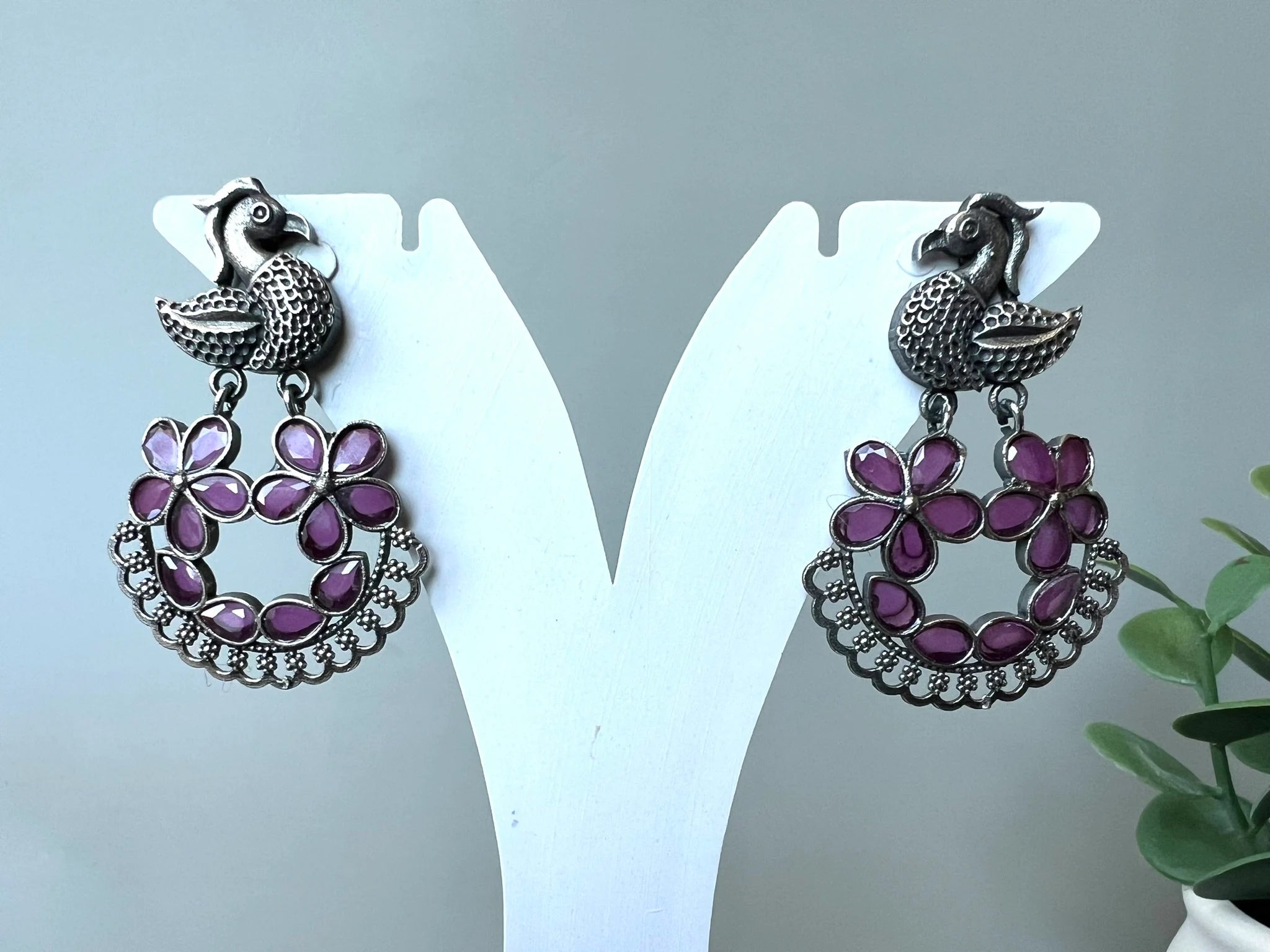 Pink Oxidized German Silver peacock Chandbali Earrings with stones