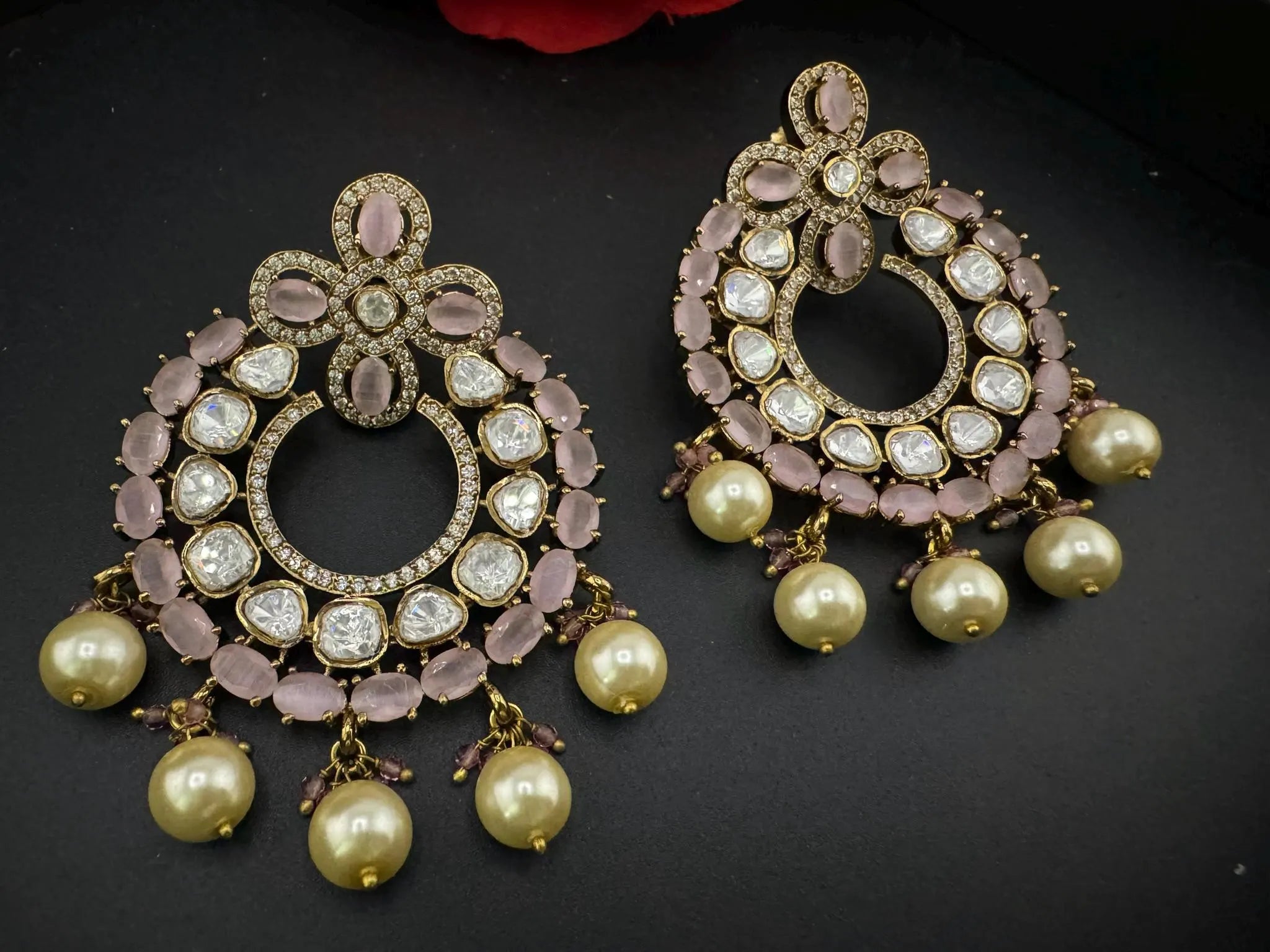 Premium Moissanite Kundan with Pink stones, CZ, Pearls designer Chandelier Earrings