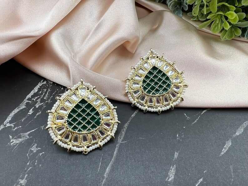 Green Gold Minakari Pearls and kundan Studs earrings