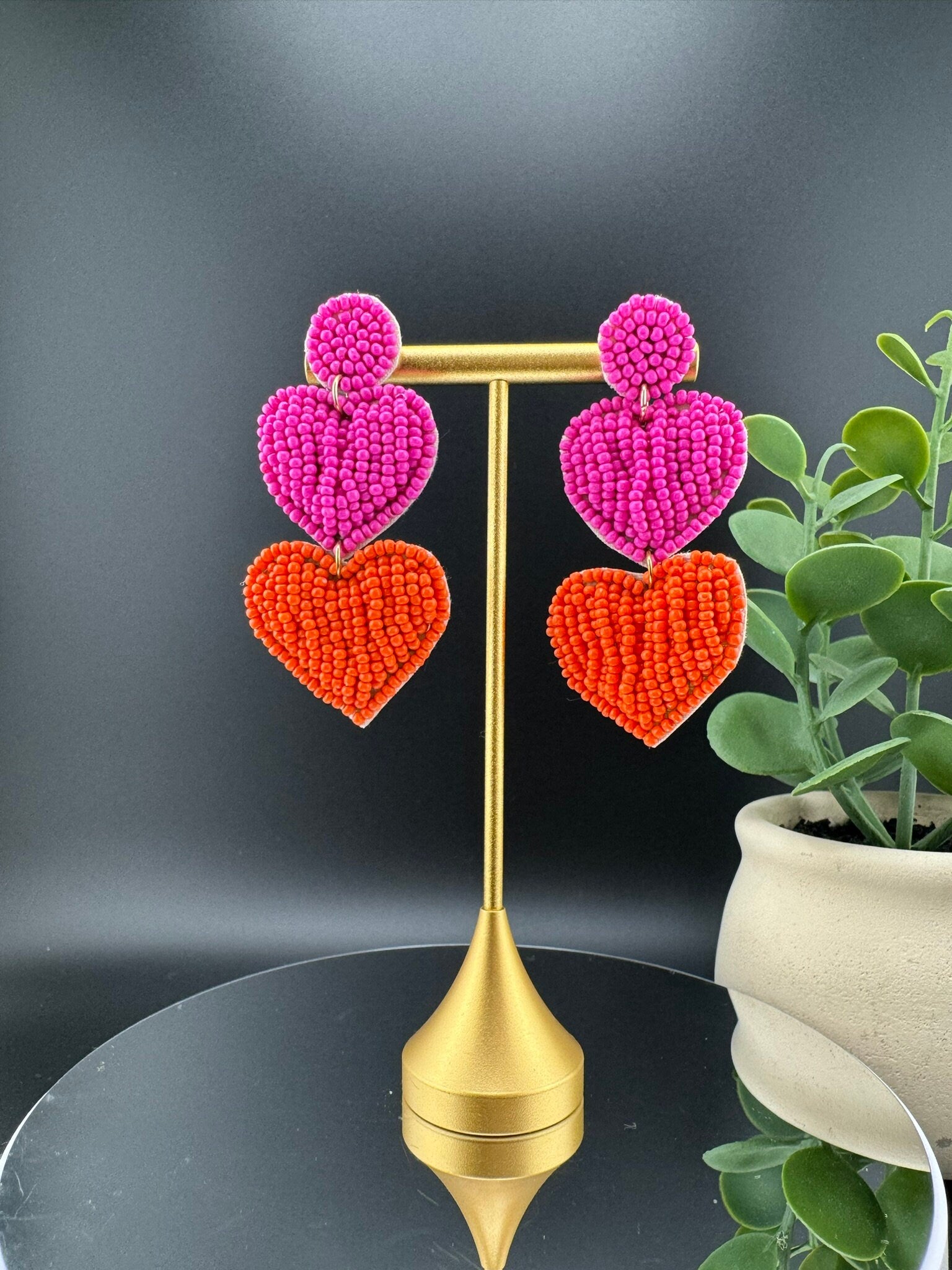 Beaded Pink and Orange Heart quirky Long earrings / Handmade earrings
