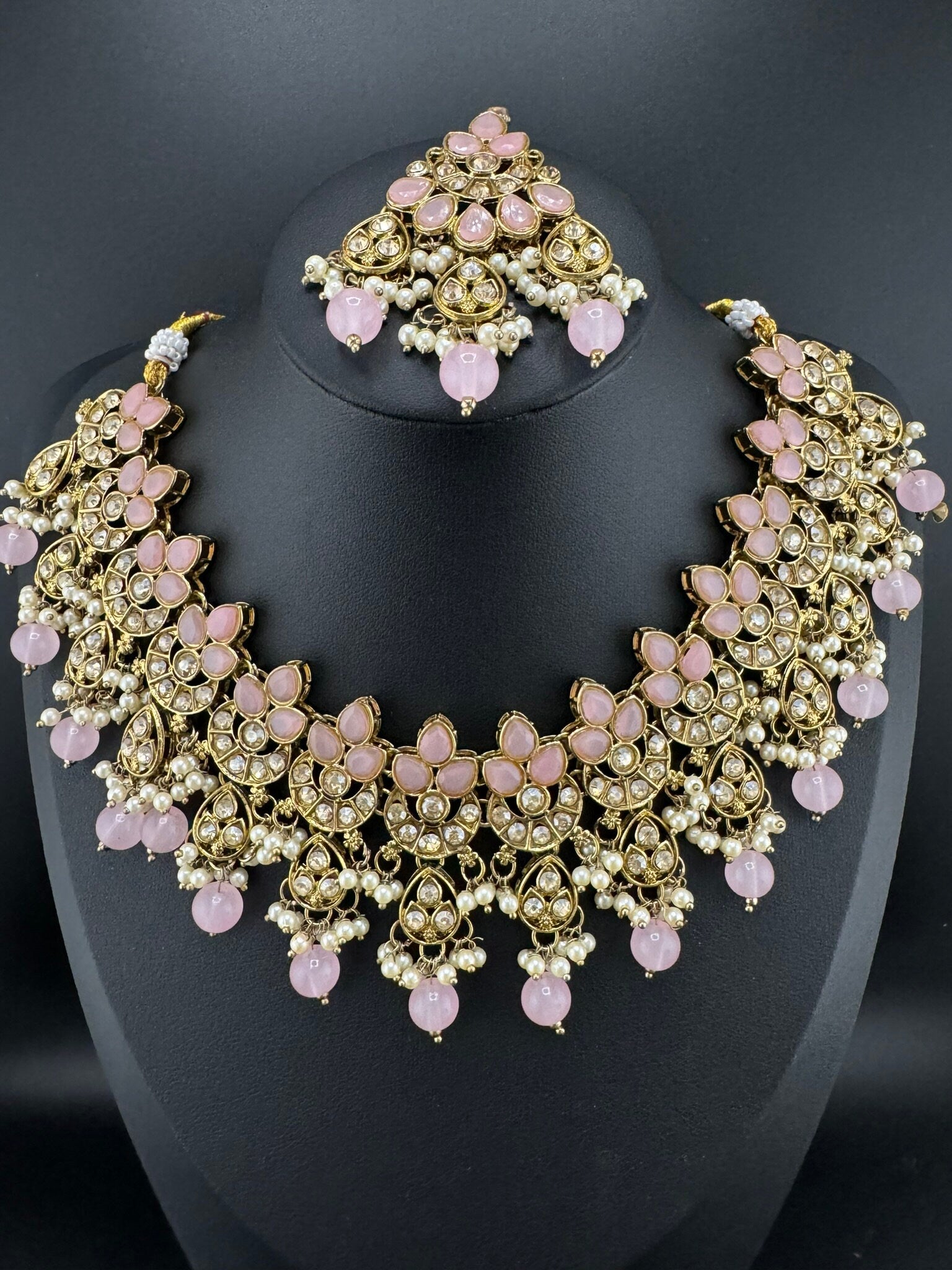 Polki Pink Necklace set with long earring and Tika/ semi-bridal set with Tika