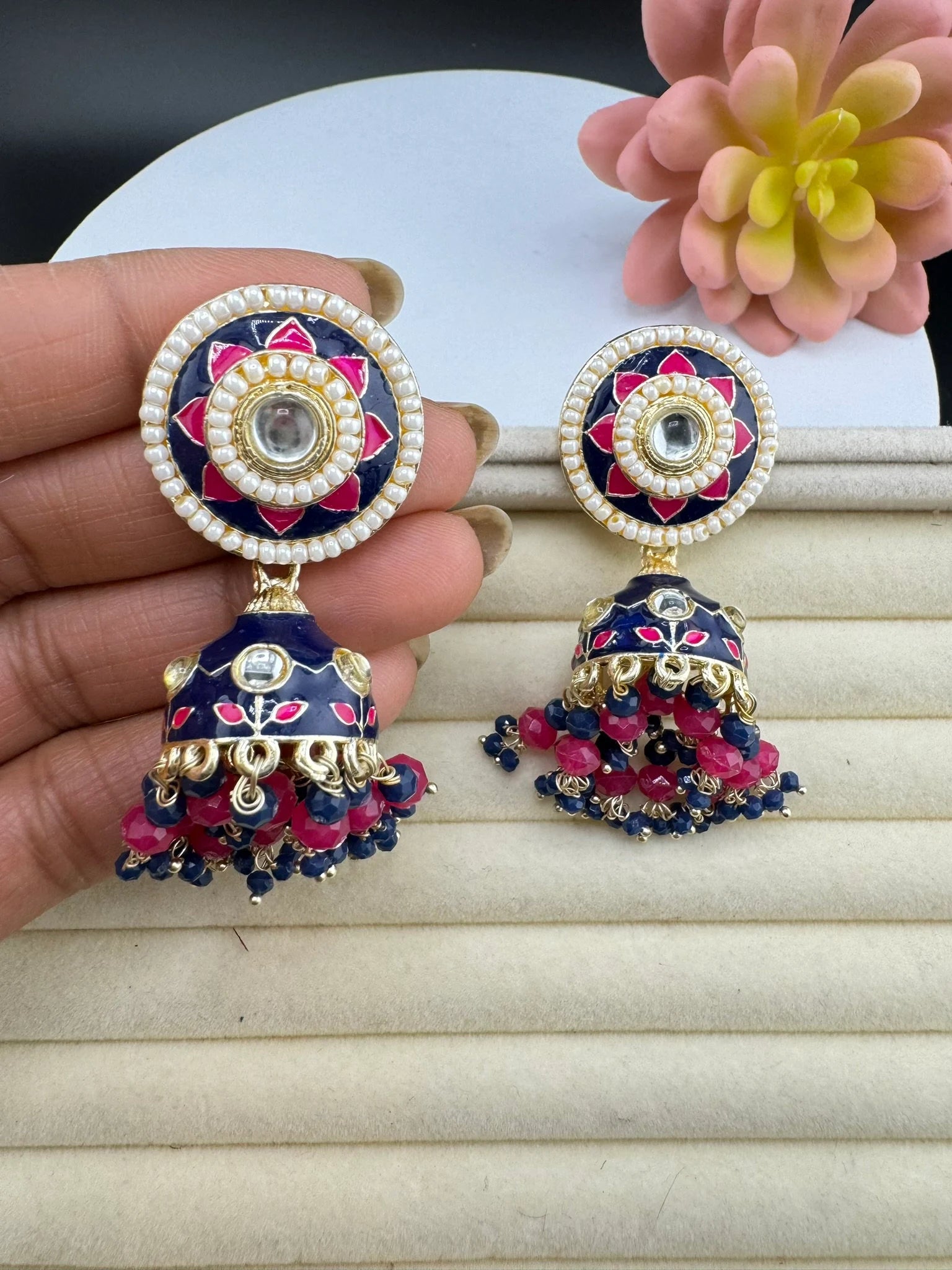 Minakari with Kundan and pearls Jhumka Earrings