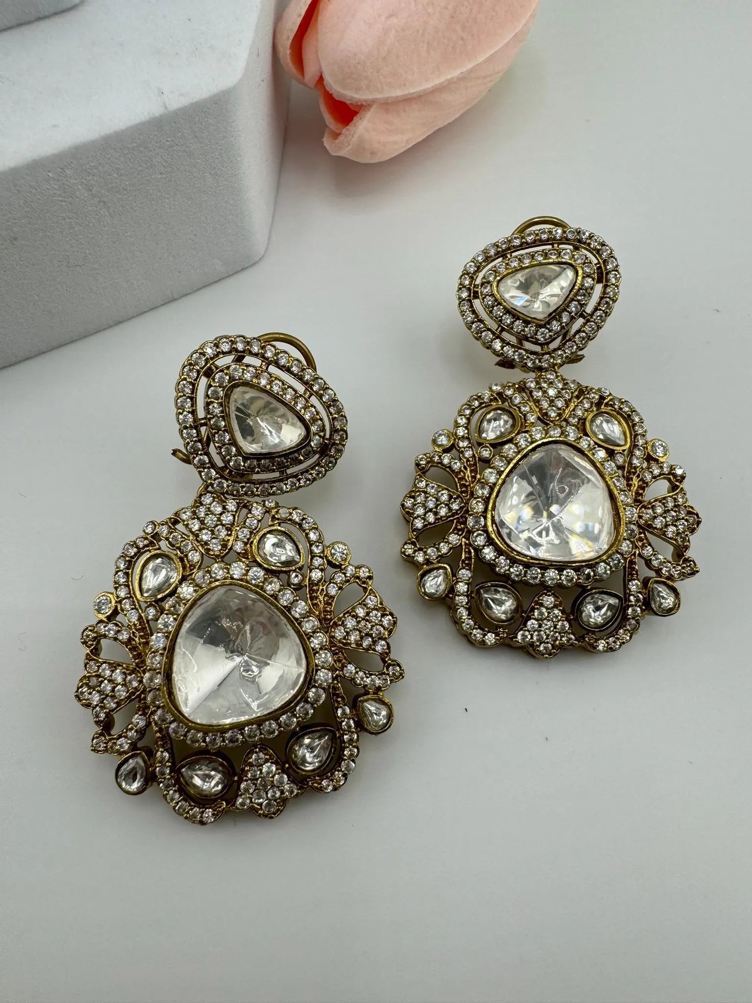 Premium Designer Moissanite Uncut Kundan and details of CZ Dangle earrings