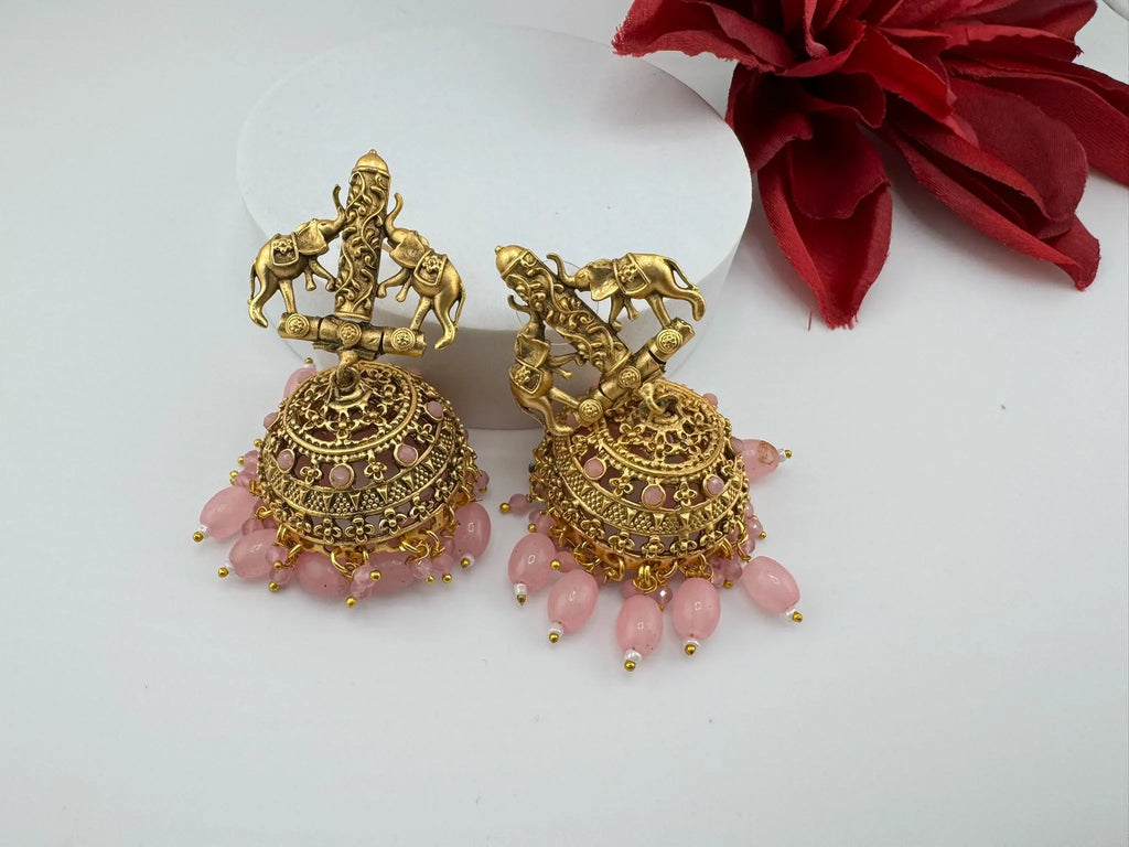 Amrapali inspired Premium Pink stones and pearls jhumka, Matt Gold designer earrings