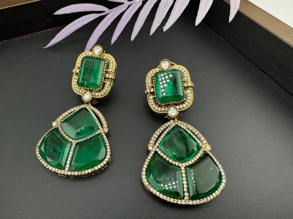 Premium Green Doublet earrings with Cubic Zirconia and kundan designer Chandelier earrings