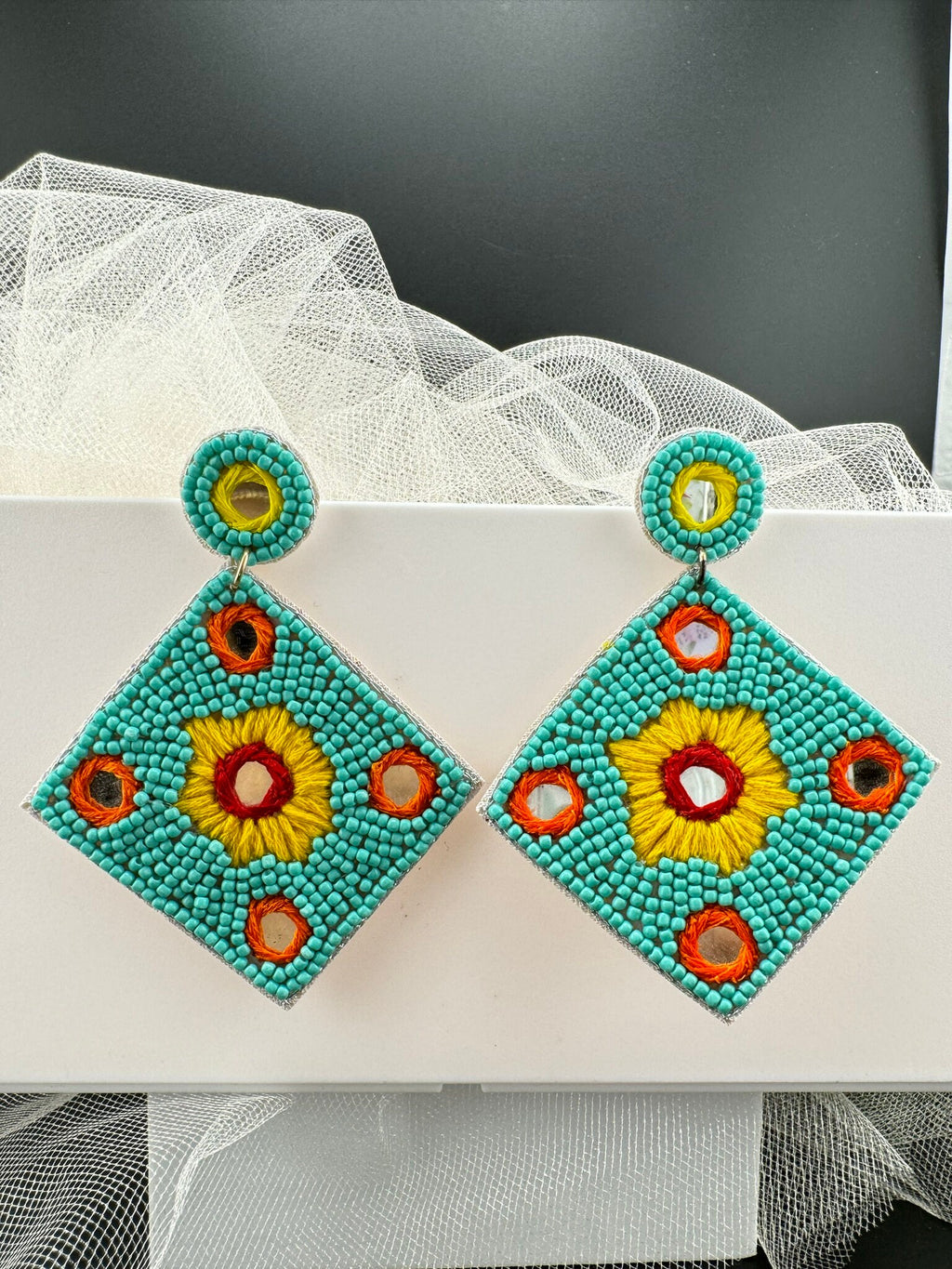 Beaded Teal/Turquoise Mirror Quirky Beaded earrings/Handmade earrings