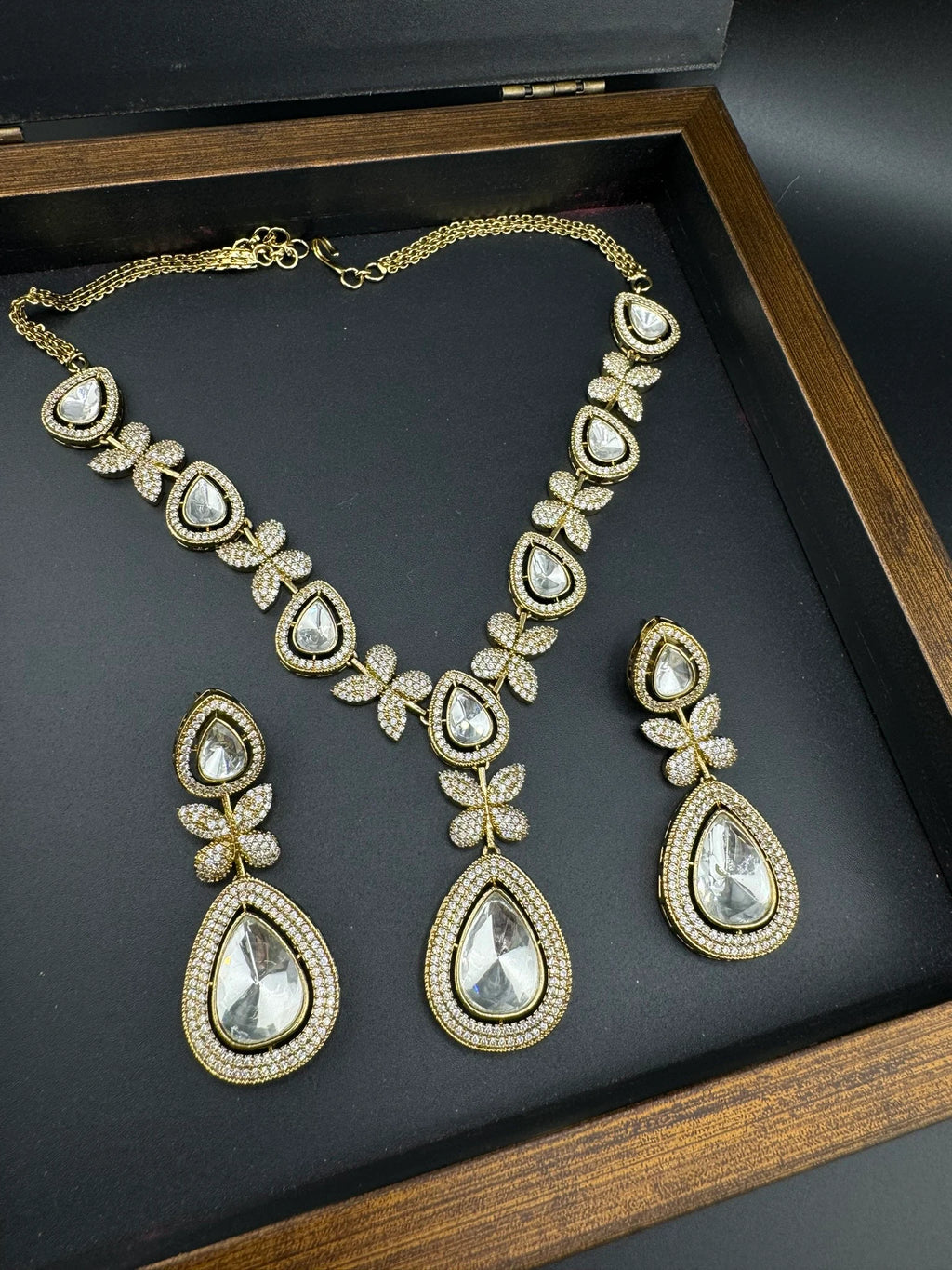 Premium Victorian Long Necklace set with long earrings with Moissanite Kundan and Cubic Zirconia