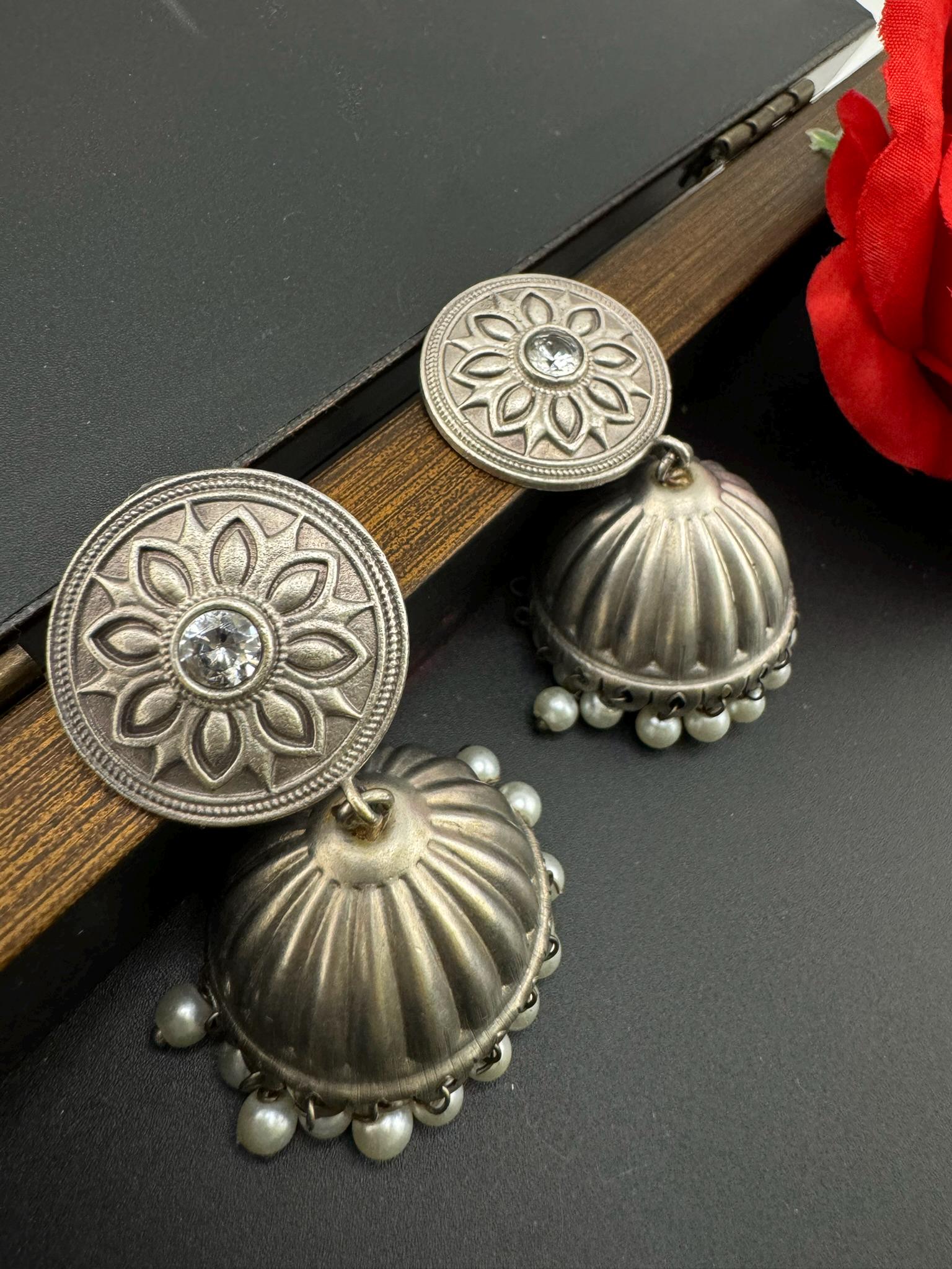 Silver Polish Premium Oxidized Jhumka earrings with CZ stone, pearls