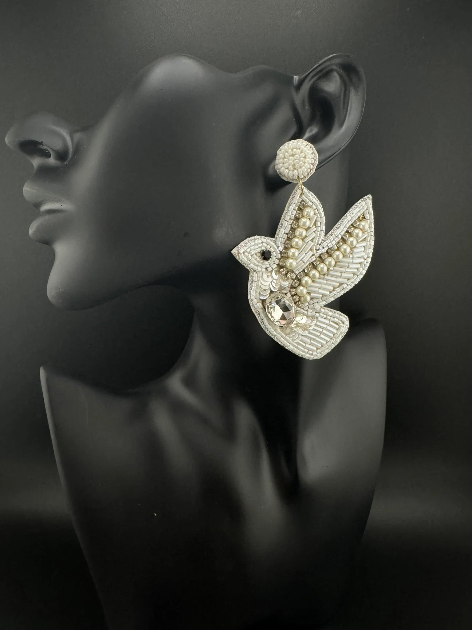 Beaded White Dove pigeon Quirky Unique earrings