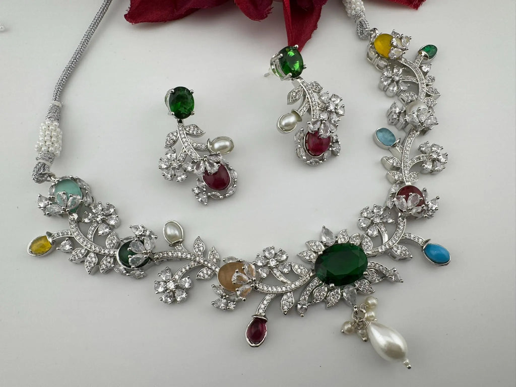 Green Premium American Diamond, Cubic Zirconia, Stones and Pearls Floral Necklace with earrings