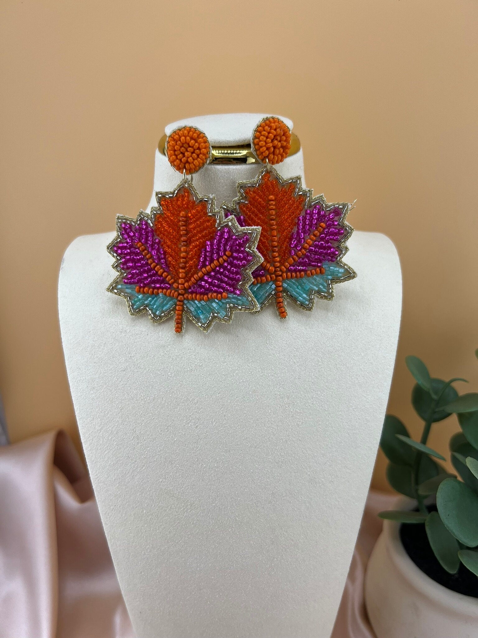 Maple leaf Multicolor Beaded earrings, Quirky Handmade earrings