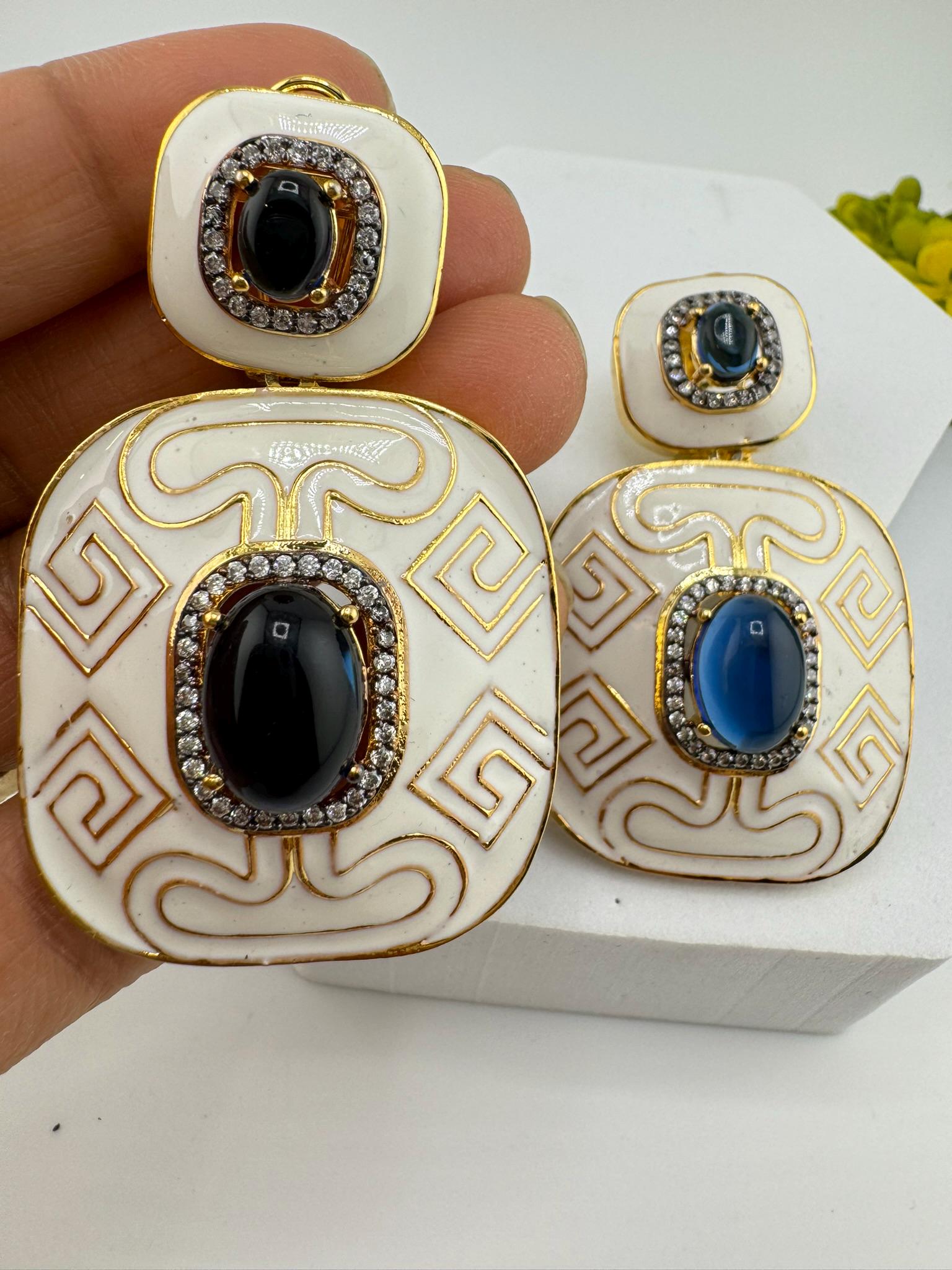 Premium White Enamel with CZ and Blue Stone and gold detailed designer Dangle earrings