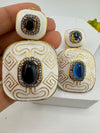 Premium White Enamel with CZ and Blue Stone and gold detailed designer Dangle earrings