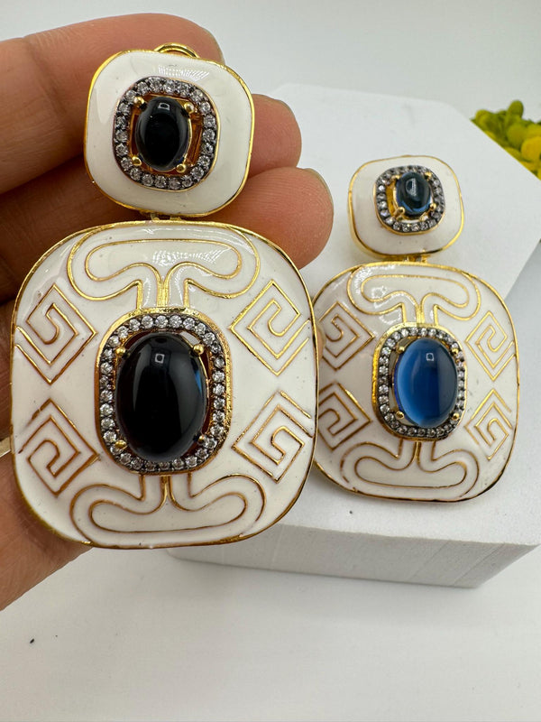 Premium White Enamel with CZ and Blue Stone and gold detailed designer Dangle earrings
