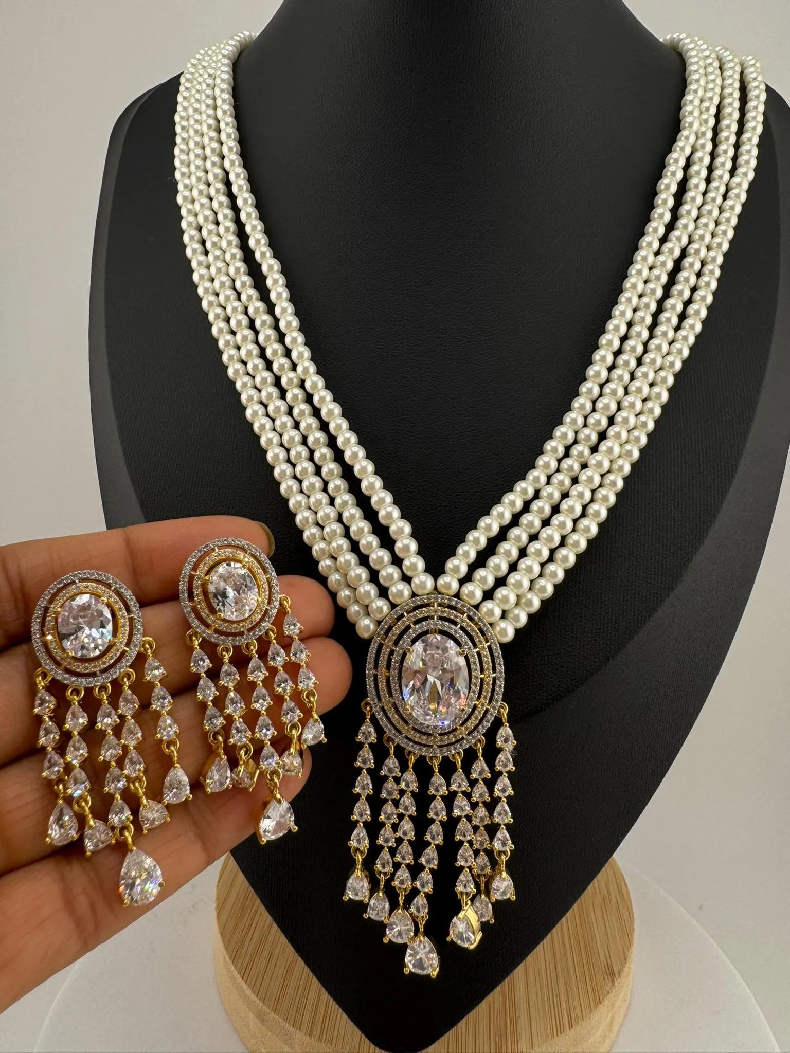 Premium Long necklace,  Rani Haar with CZ pendant, natural stones and onyx beads Long Necklace set
