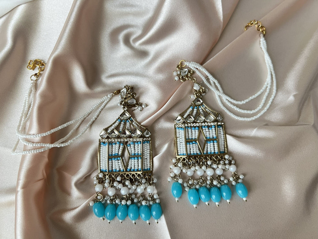 Blue Doli Chandbali Earrings with Ear Supporting Chain with Kundan, CZ and pearls