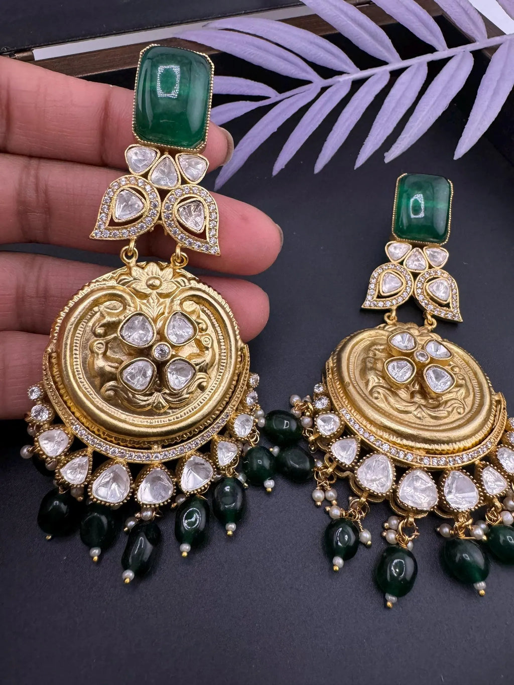 Amrapali Inspired Designer Premium Chandbali with Green stones, Moissanite Kundan and CZ long earrings