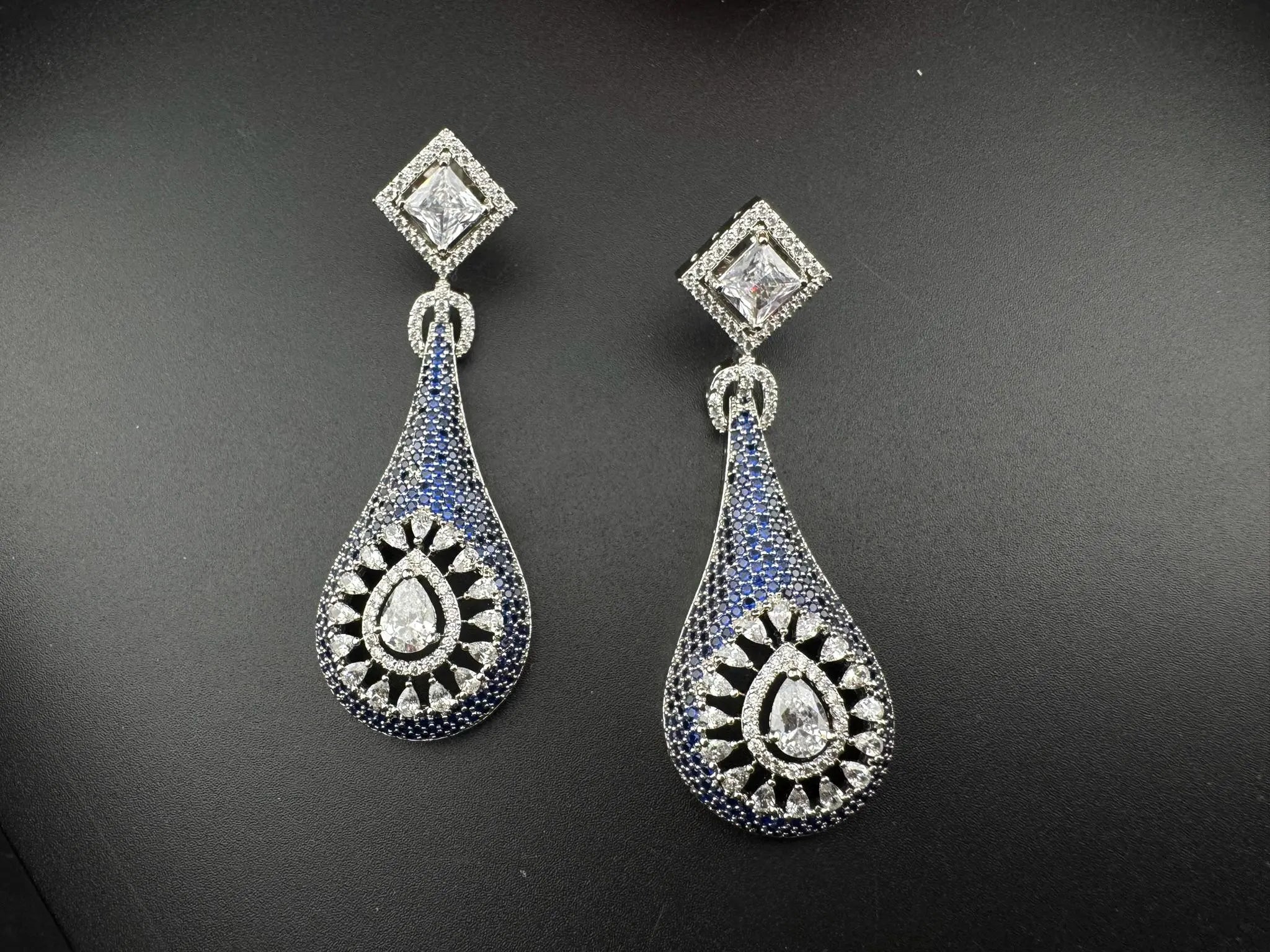 Blue Premium Nano Setting Cubic Zirconia Long Drop earrings with Clear crystal stones