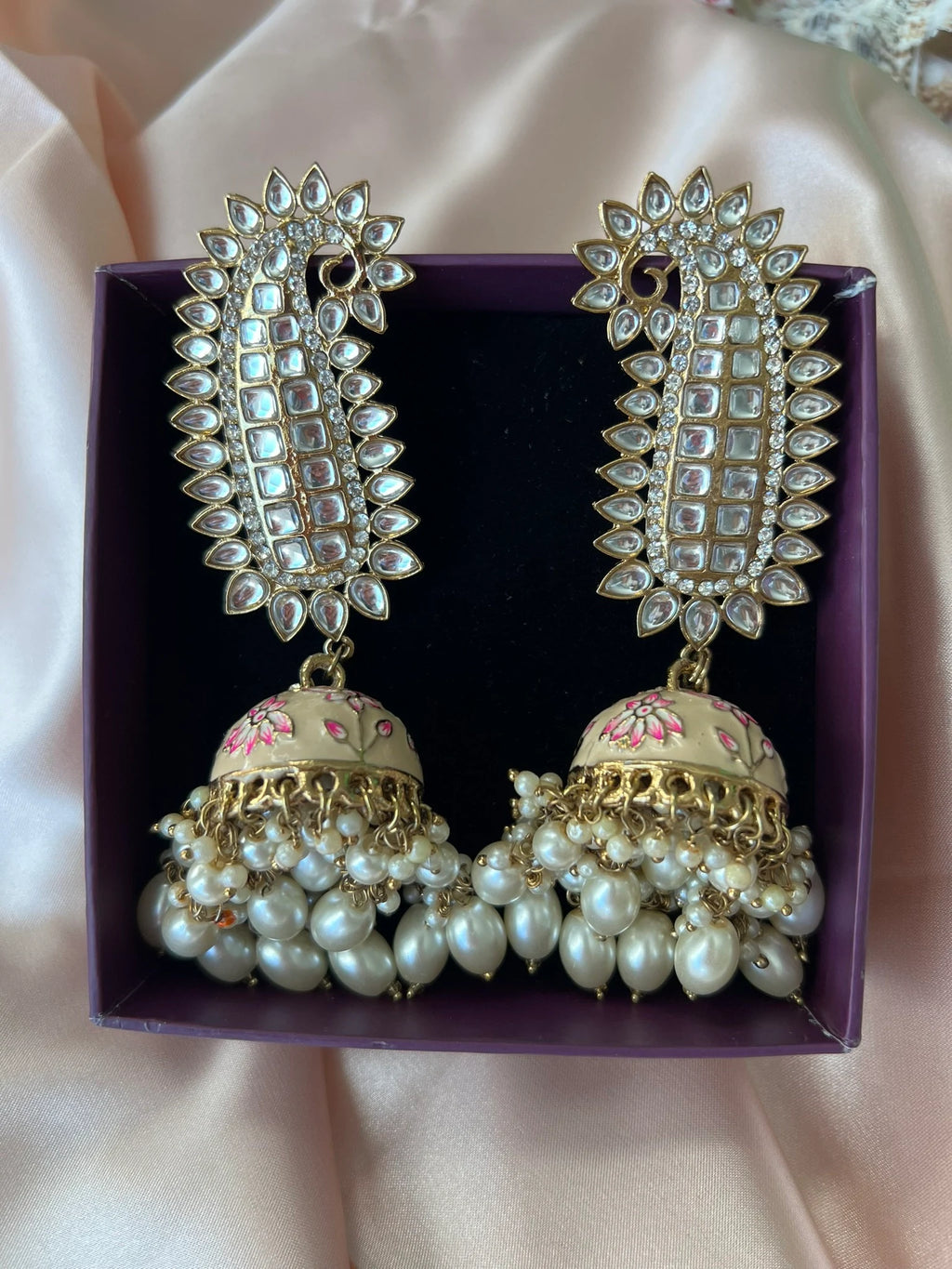 Ivory and Gold Long Jhumka with Minakari work, kundan and pearls details