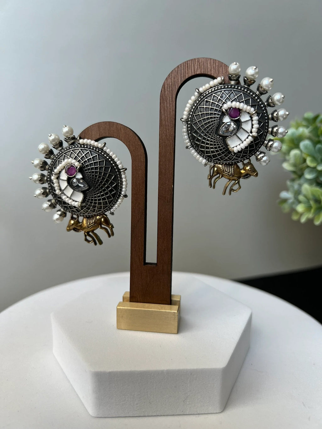 White Enamel oxidized silver earring stud with stone and pearls