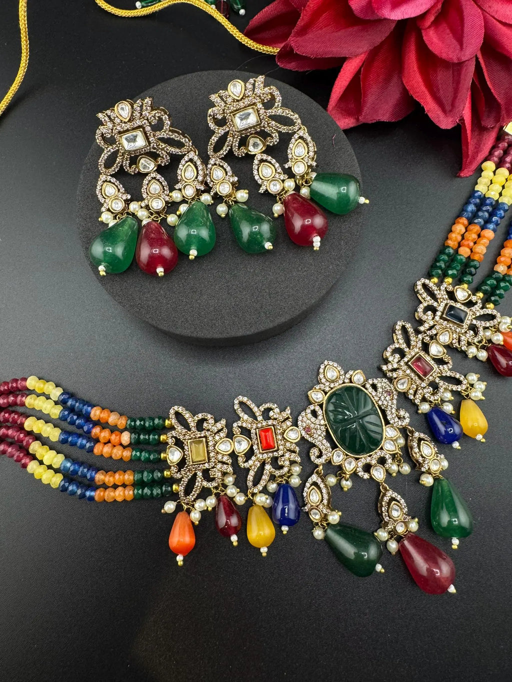 Multicolor Premium Quality Moissanite Uncut Kundan, CZ, carved stones, Onyx beads mala is Designer Choker necklace set with long earrings