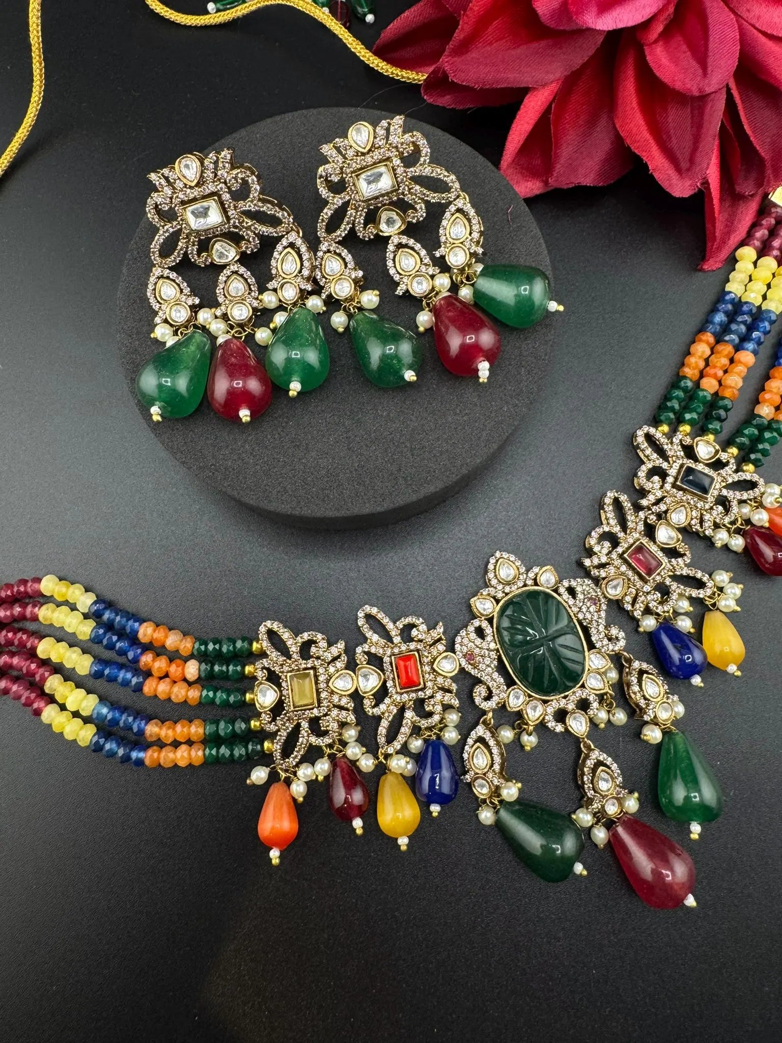 Multicolor Premium Quality Moissanite Uncut Kundan, CZ, carved stones, Onyx beads mala is Designer Choker necklace set with long earrings