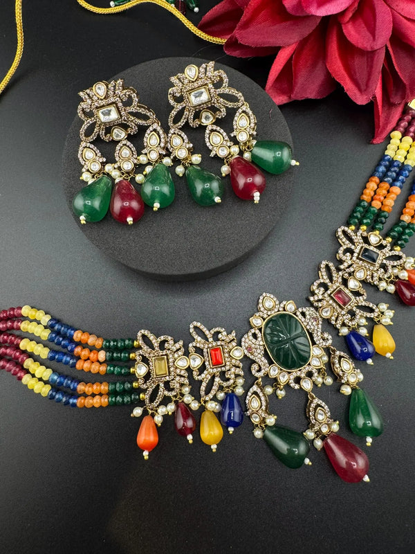 Multicolor Premium Quality Moissanite Uncut Kundan, CZ, carved stones, Onyx beads mala is Designer Choker necklace set with long earrings