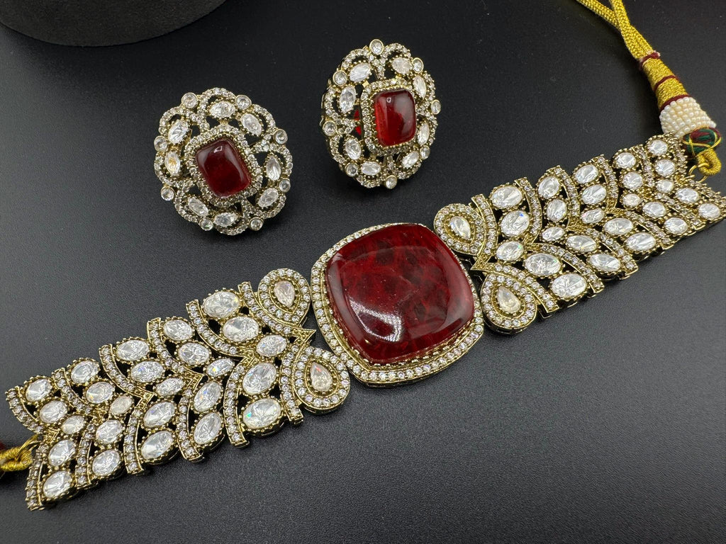 Dark Red Premium Quality Moissanite Kundan, CZ, Doublet stones is Designer Choker necklace set with Big Stud earrings
