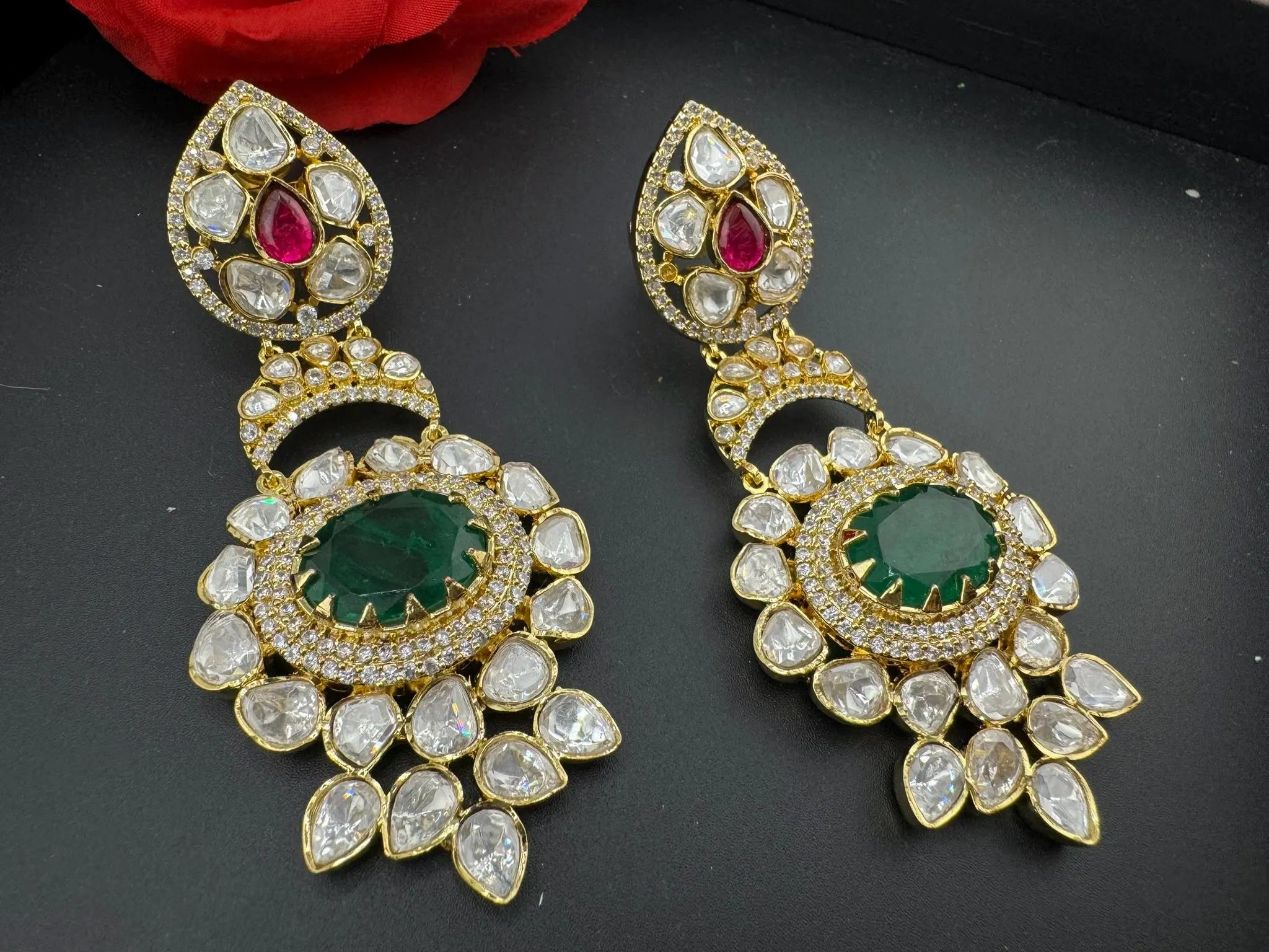 Premium Designer Uncut Kundan with Doublet stone and CZ details long earrings