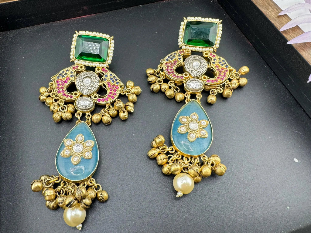 Amrapali Inspired Premium designer Chandbali Earring with Multicolor Pachi Kundan and Gungroo