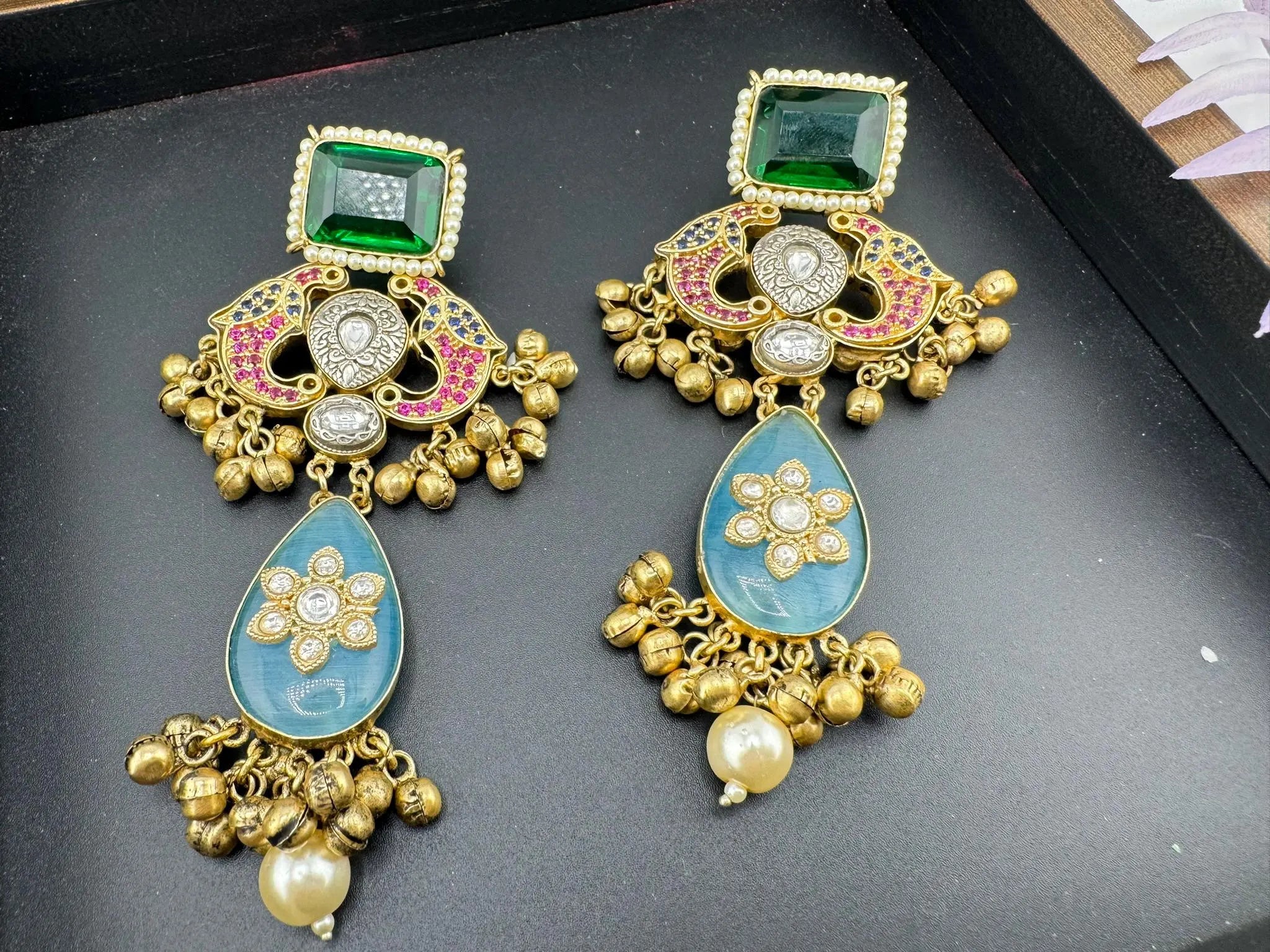 Amrapali Inspired Premium designer Chandbali Earring with Multicolor Pachi Kundan and Gungroo