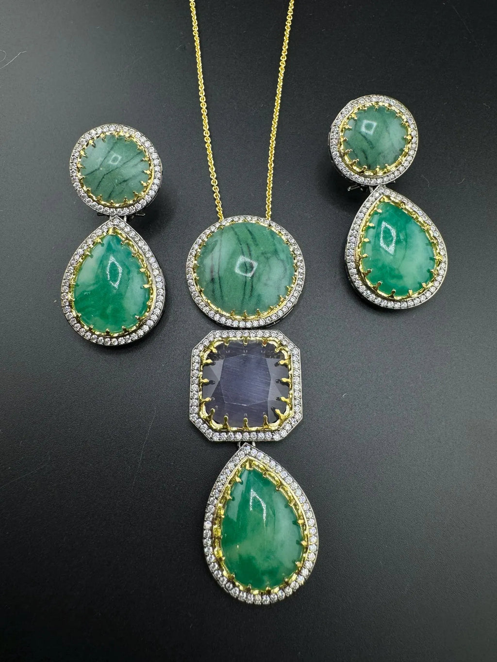 Sabyasachi Inspired Premium doublet stone, CZ, natural stones Pendant set with long earrings