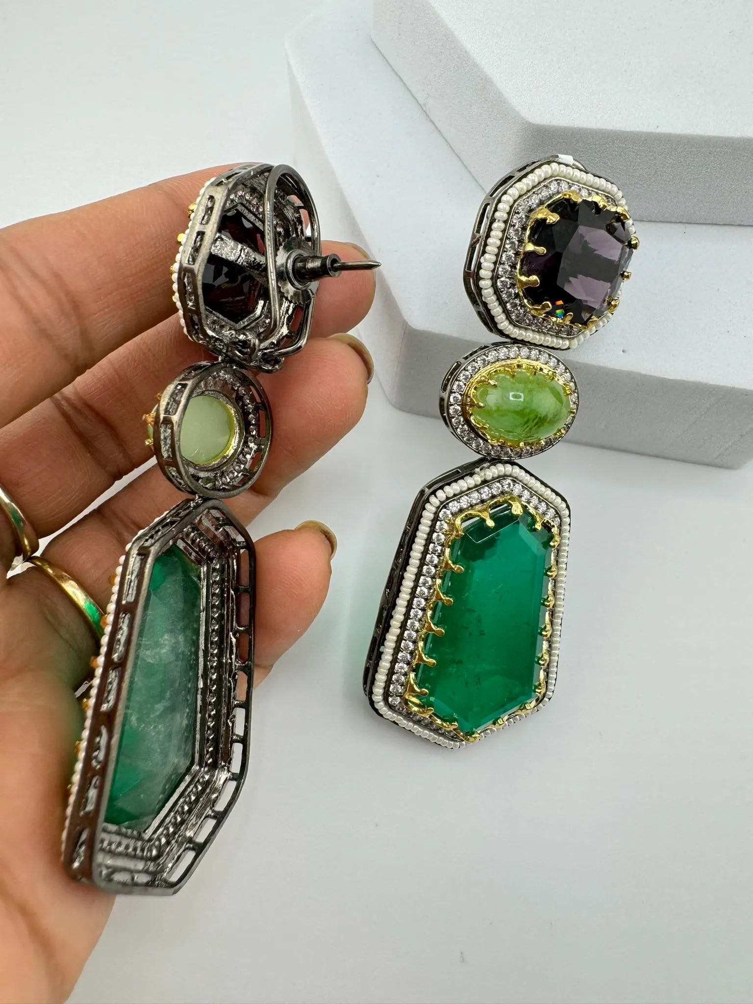 Sabyasachi Inspired designer Premium Purple and Green Victorian long earrings in CZ and pearls details