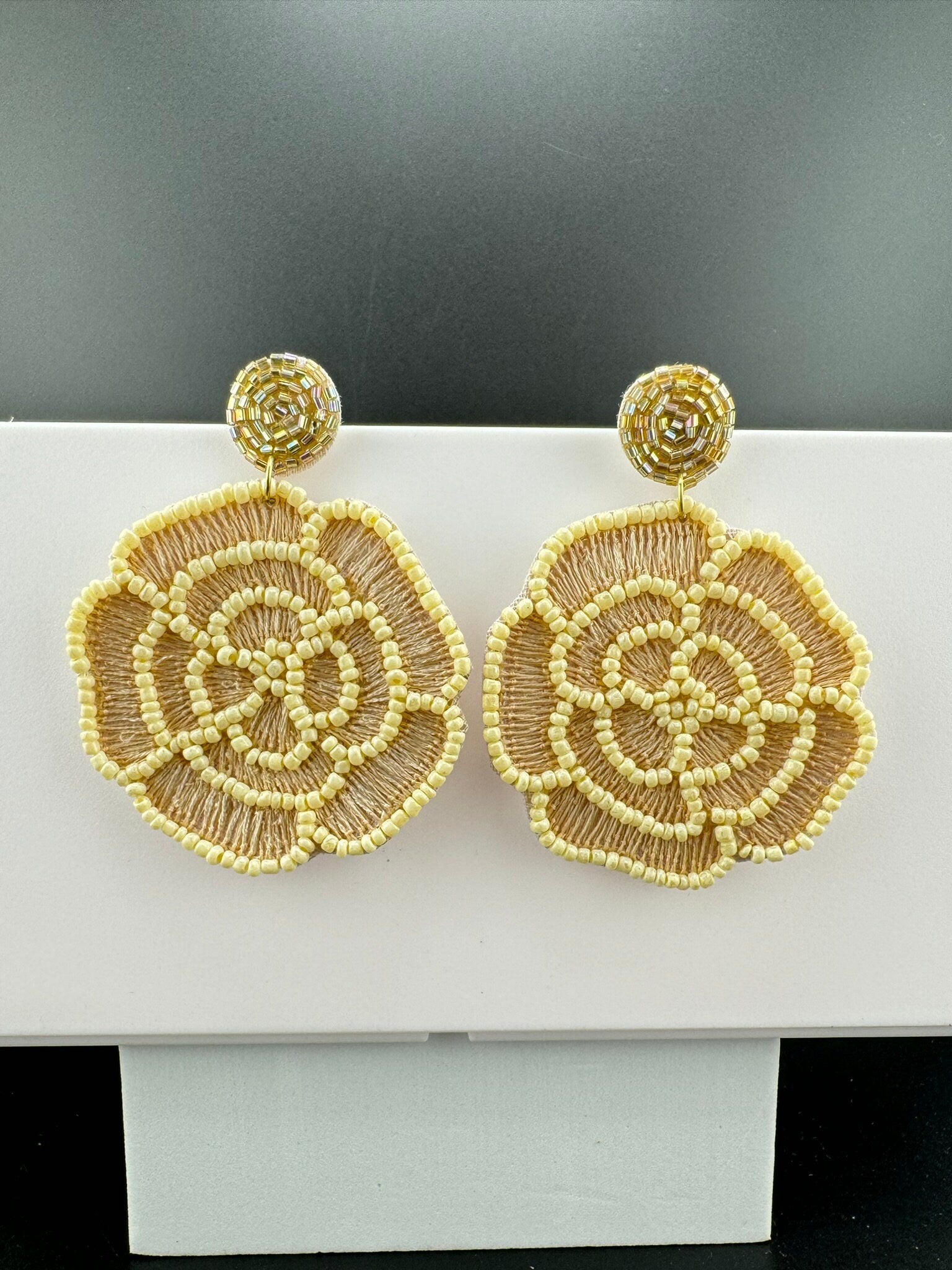 Gold and Beige Rose Beaded earrings, Quirky Earrings