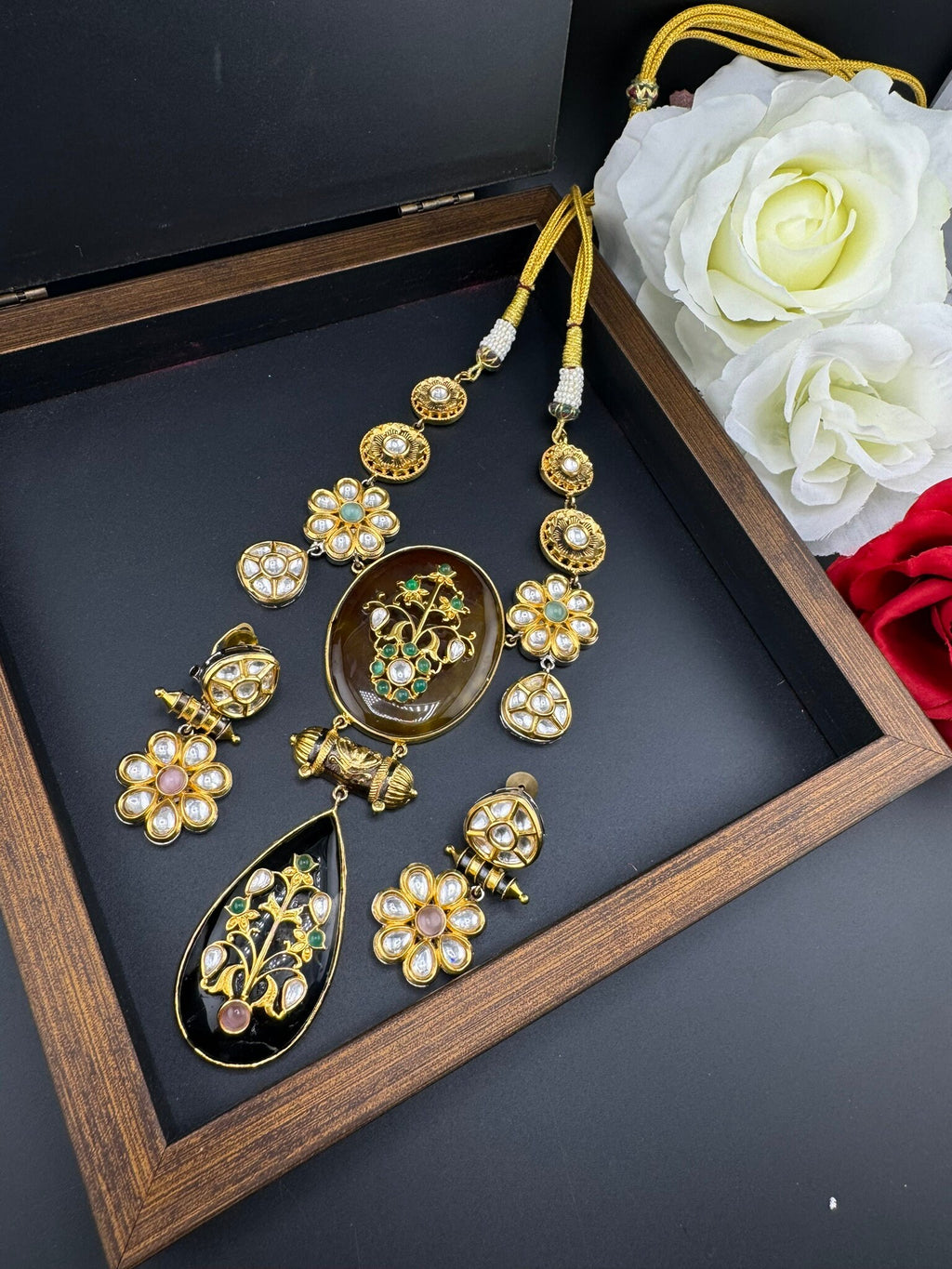 Amrapali Inspired Premium Necklace set, fusion Inlay work with Moissanite Kundan and natural stones