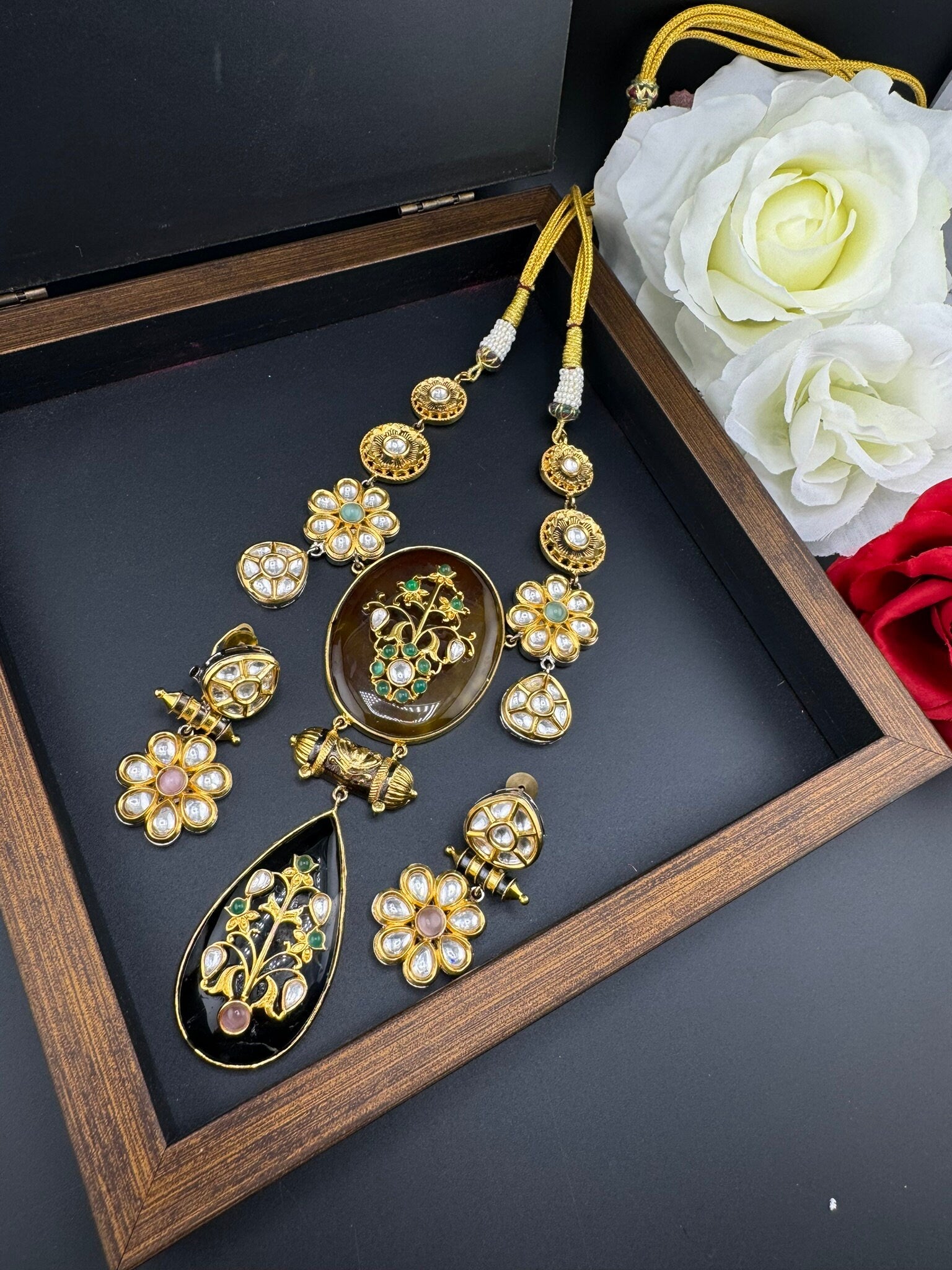 Amrapali Inspired Premium Necklace set, fusion Inlay work with Moissanite Kundan and natural stones