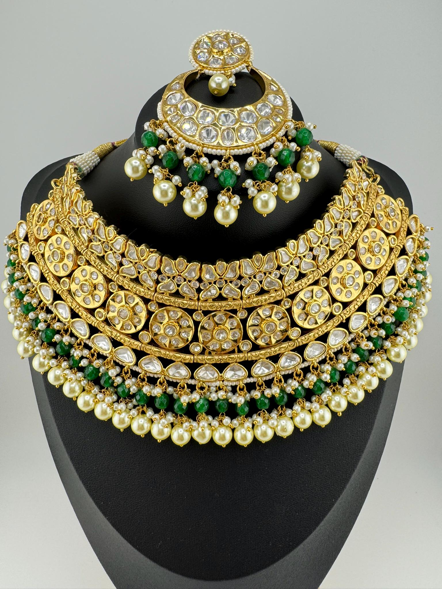 BRIDAL Tyaani Kundan Inspired Premium High gloss Broad Bridal necklace set with earring and Tika