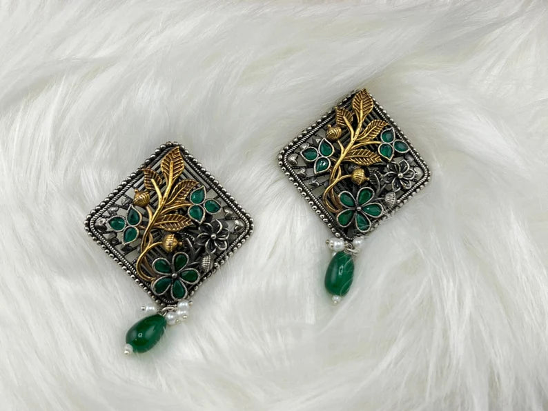 Green oxidized silver earring stud with stone and pearl, Oxidized silver earring