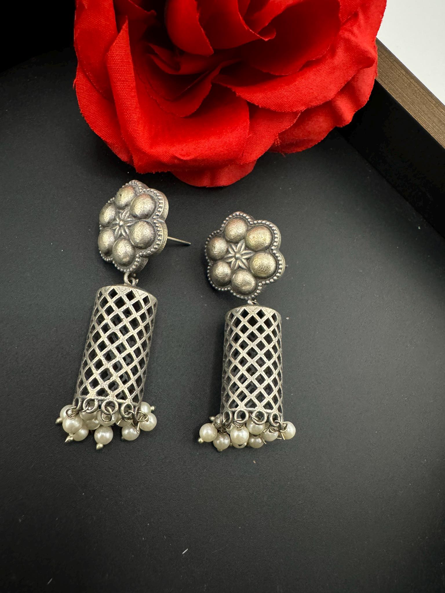 Oxidized German silver long Drum mesh earrings
