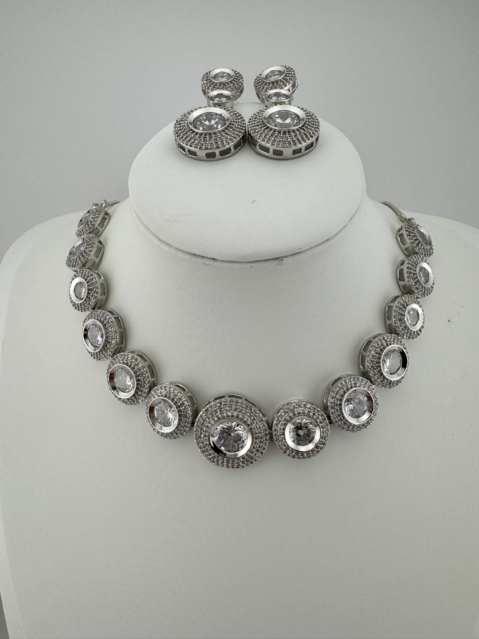 Premium American Diamond, Cubic Zirconia, Silver Polish, High Shine Sleek Necklace set with long earrings