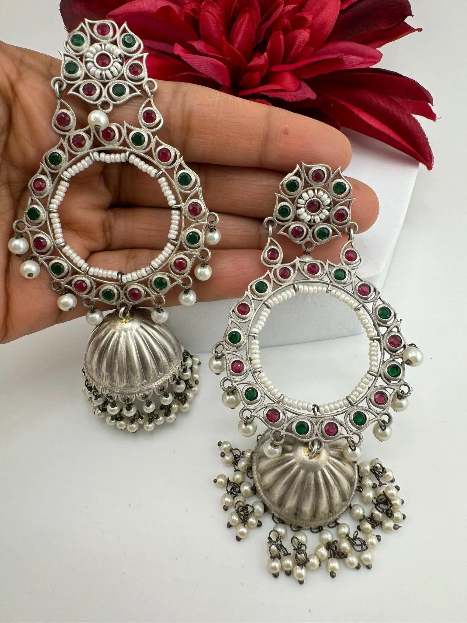 German Silver Oxidized long Oversized Jhumka earrings with multicolor stones