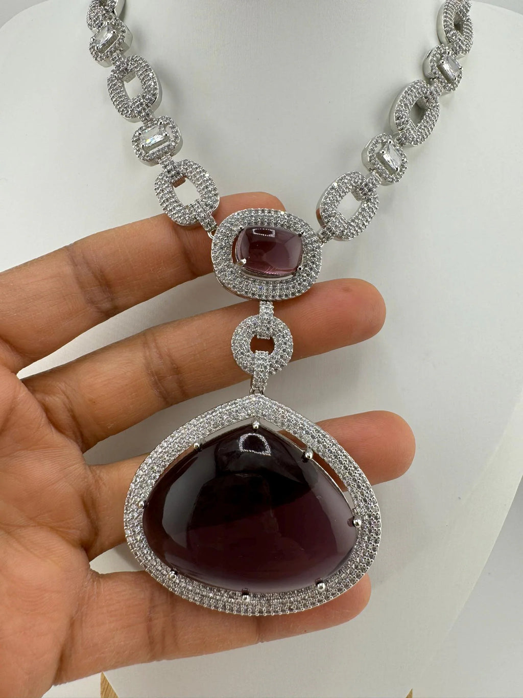 Premium Long necklace in Cubic Zirconia and Wine doublet stones Necklace set with long earrings