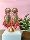 Exquisite detailed Gold and Coral color long Chand Bali Earrings with kundan and pearls