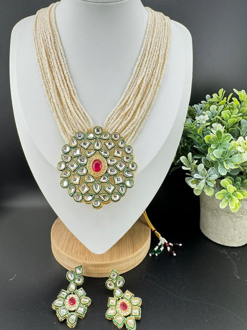 Kundan in small pearls Long Necklace set with earrings